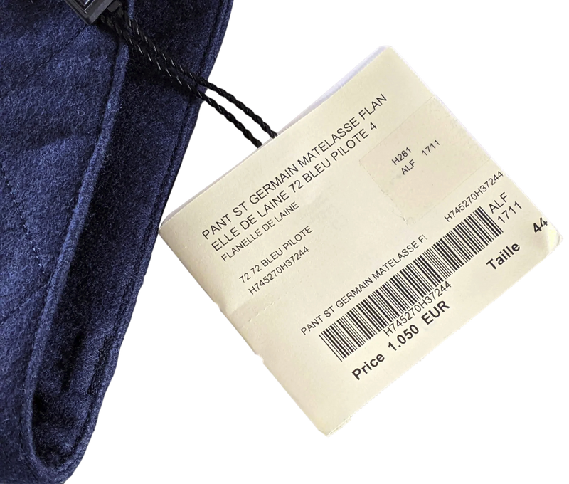 Produits Hermes Bleu Pilote "Saint Germain" Pantalon Laine Matelasse Quilted Wool Men's Pants Sz44