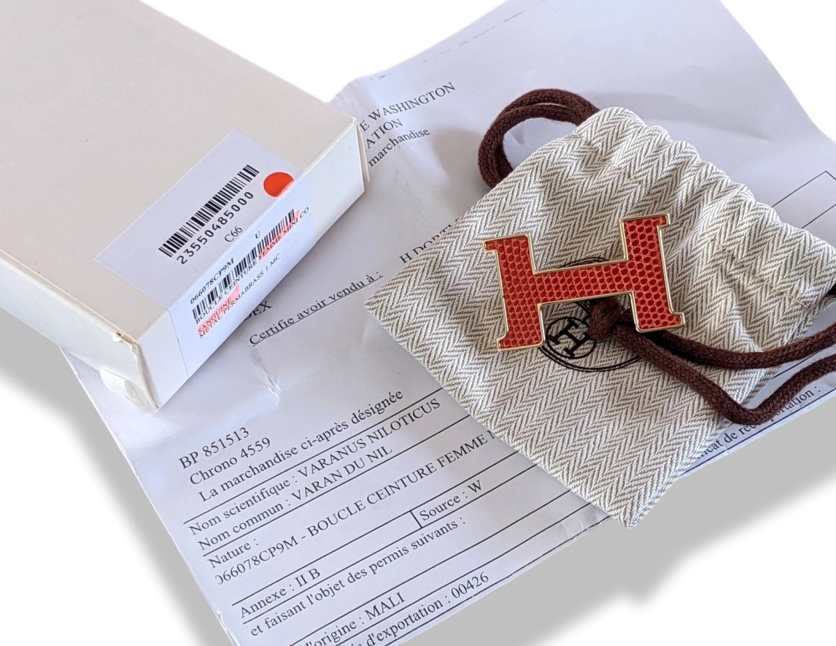 Hermes Sanguine/Plated Gold MINI CONSTANCE MARQUETEE LEZARD Buckle 24 mm, New with Pochette and White Box!! - poupishop