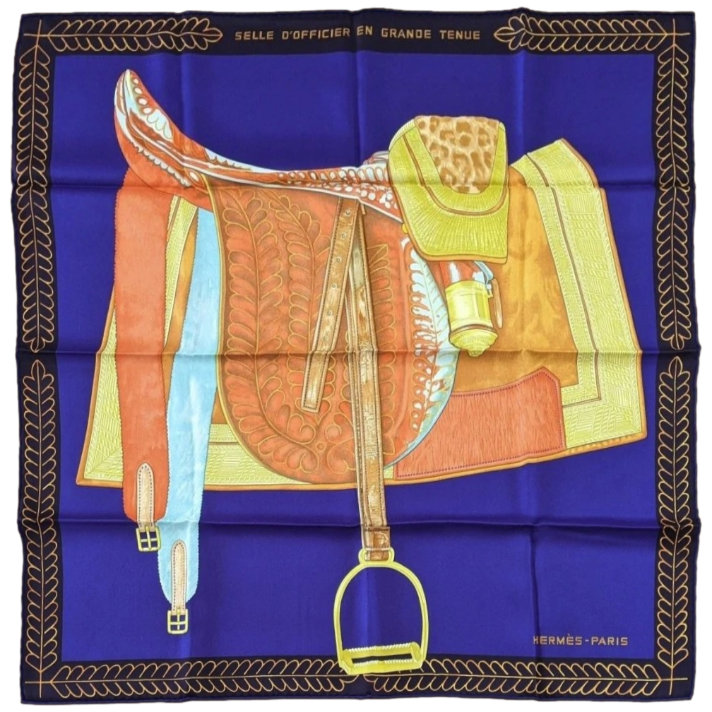 Hermes 2012 Bleu/Orange/Jaune/Turquoise SELLE D'OFFICIER EN GRANDE TENUE by Wlodek Kaminski Vintage Twill 70