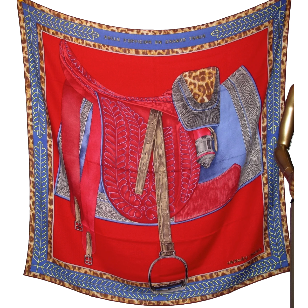 Hermes [S17] 2017 Red Jean Blue Burgundy SELLE D'OFFICIER EN GRANDE TENUE by Wlodek Kaminski Cashmere Shawl 140