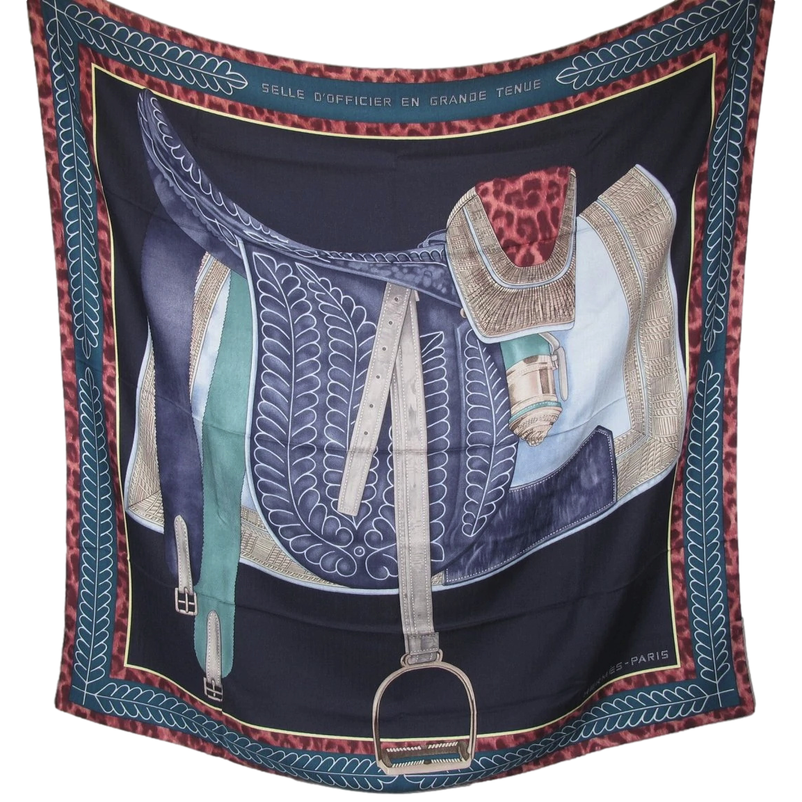 Hermes [S15] 2017 Navy Petrol Sky SELLE D'OFFICIER EN GRANDE TENUE by Wlodek Kaminski Cashmere Shawl 140