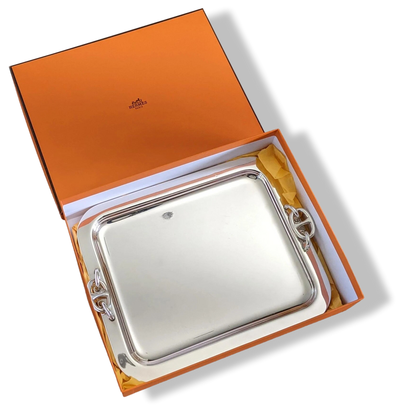 Hermes Vintage 80s Plated Silver Metal SMALL TRAY CHAINE D'ANCRE Plateau de service 27 x 22 cm, Rare!