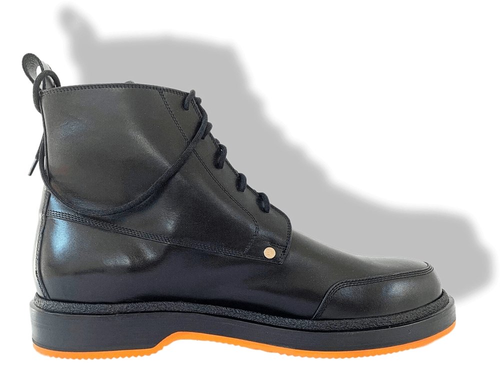 Hermes [SH05] Black Leather and Orange Sole Lace Up Ankle Boots Men Shoes, Sz 44, New with Dustbags in Box! - poupishop