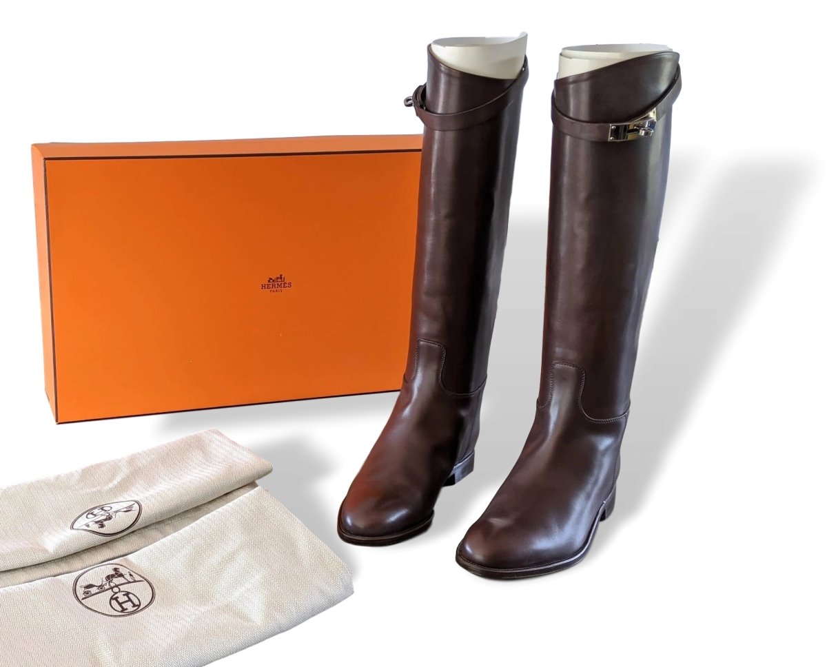 Hermes [SH09] Chocolat Calfskin Leather Women's JUMPING Equistrian Style Boots Sz 41, BNIB - poupishop