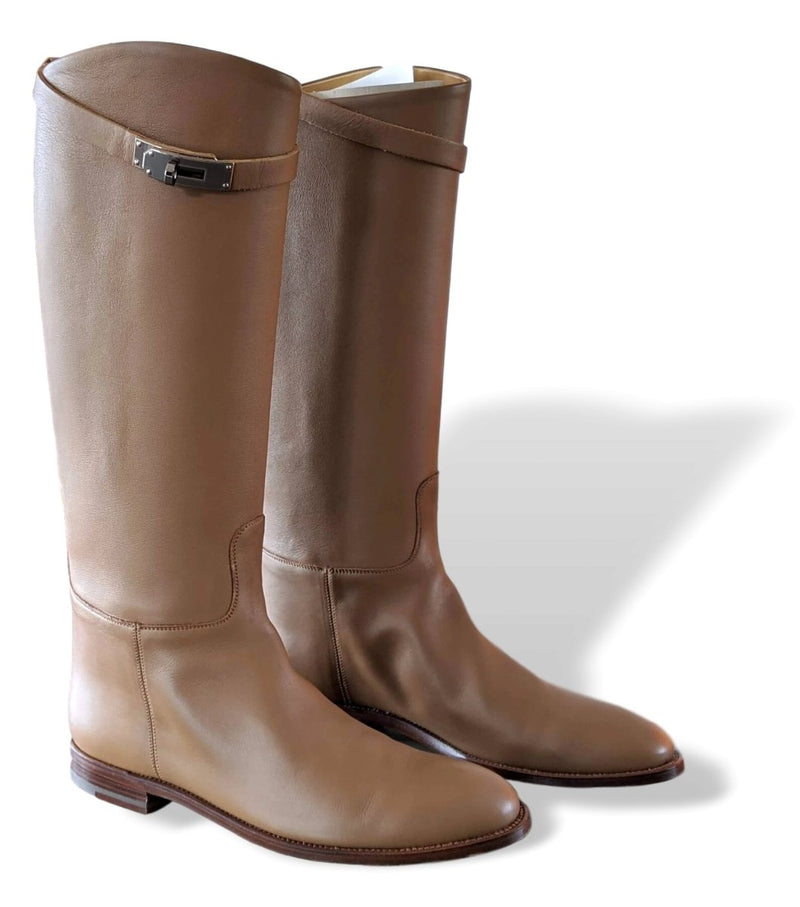Hermes [SH10] Tabac Calfskin Leather Women's JUMPING Equistrian Style Boots Tige Large Sz 40.5, BNIB - poupishop