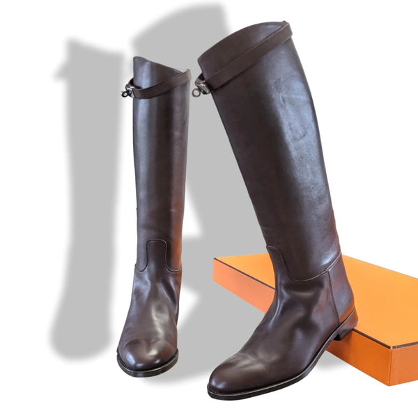 Hermes [SH14] Chocolat Calfskin Leather Women's JUMPING Equistrian Style Boots Sz 41, BNIB - poupishop