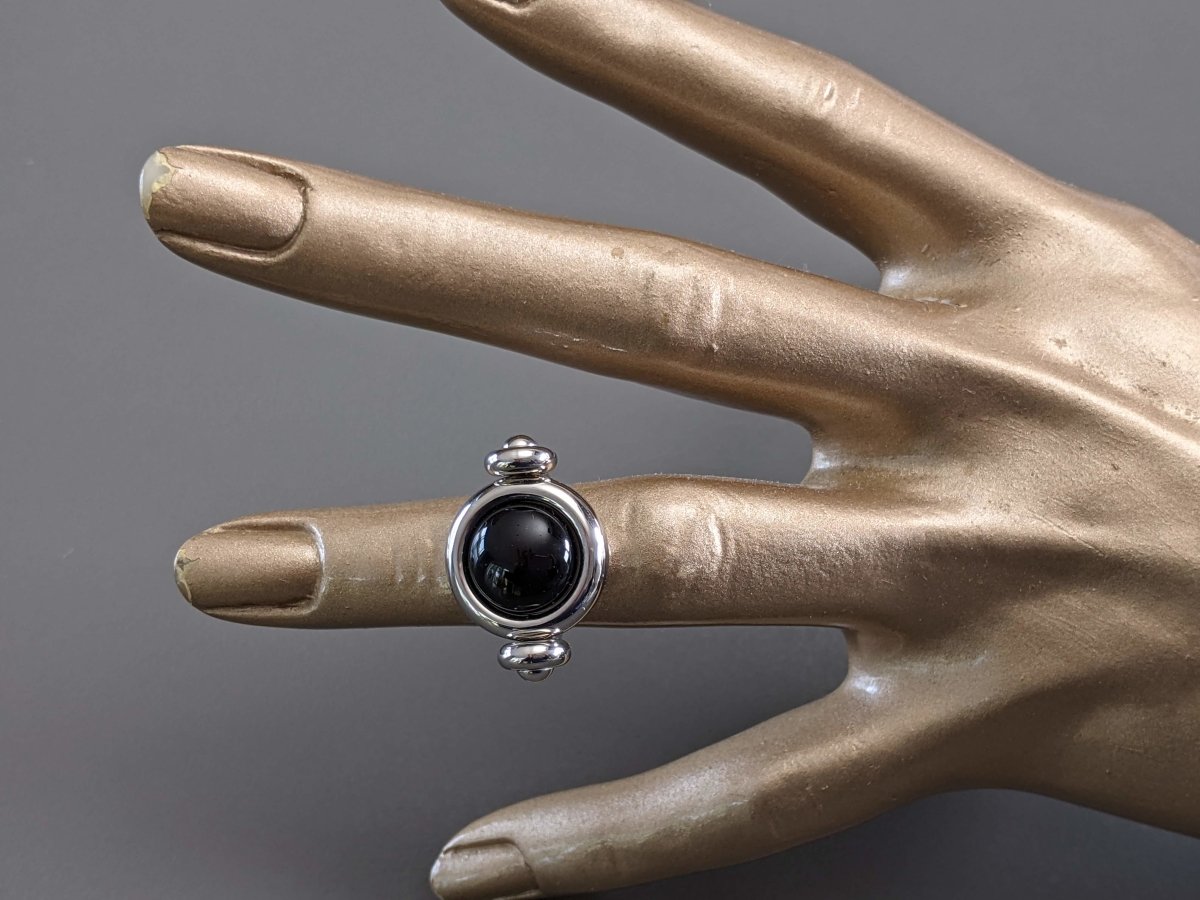 Hermes Shiny Palladium Movable Ring with a Black Poured Glass Stone, New! - poupishop