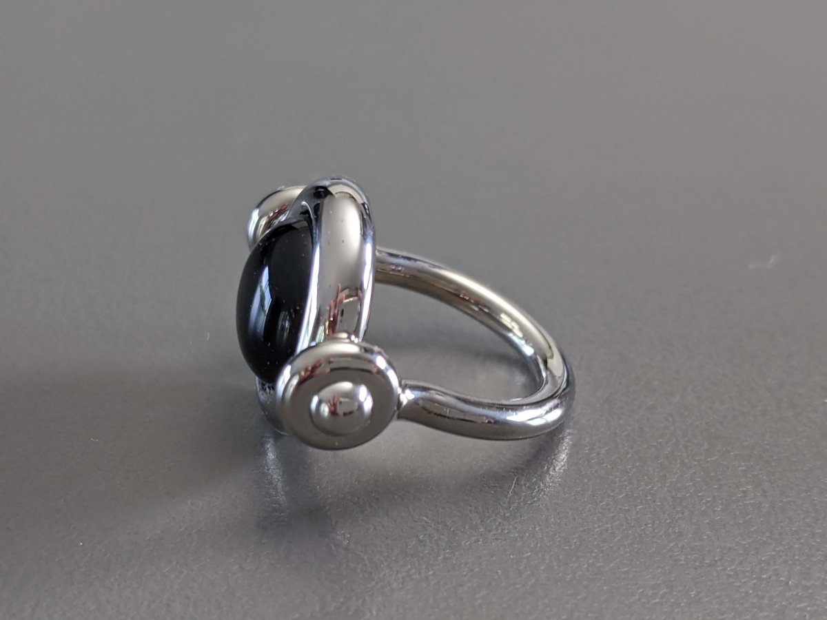 Hermes Shiny Palladium Movable Ring with a Black Poured Glass Stone, New! - poupishop
