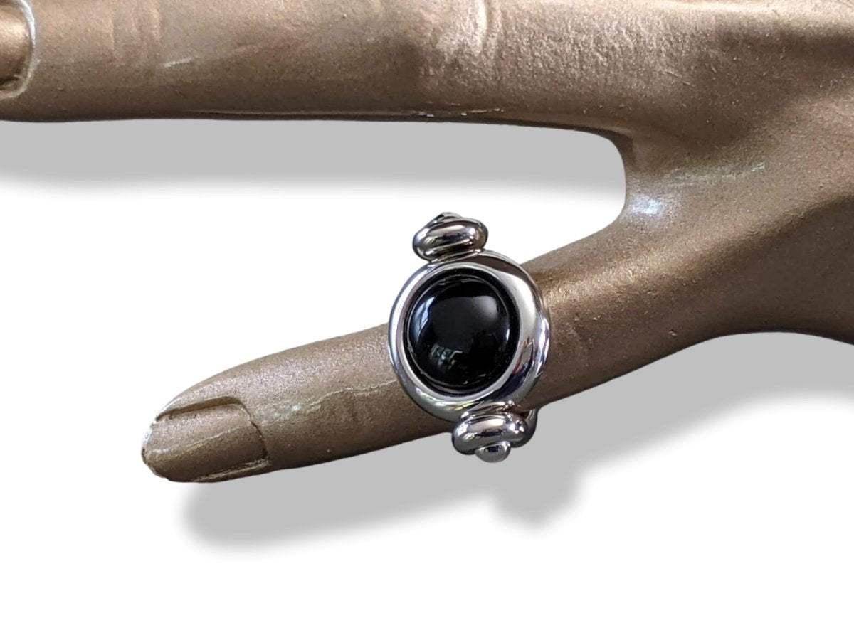 Hermes Shiny Palladium Movable Ring with a Black Poured Glass Stone, New! - poupishop