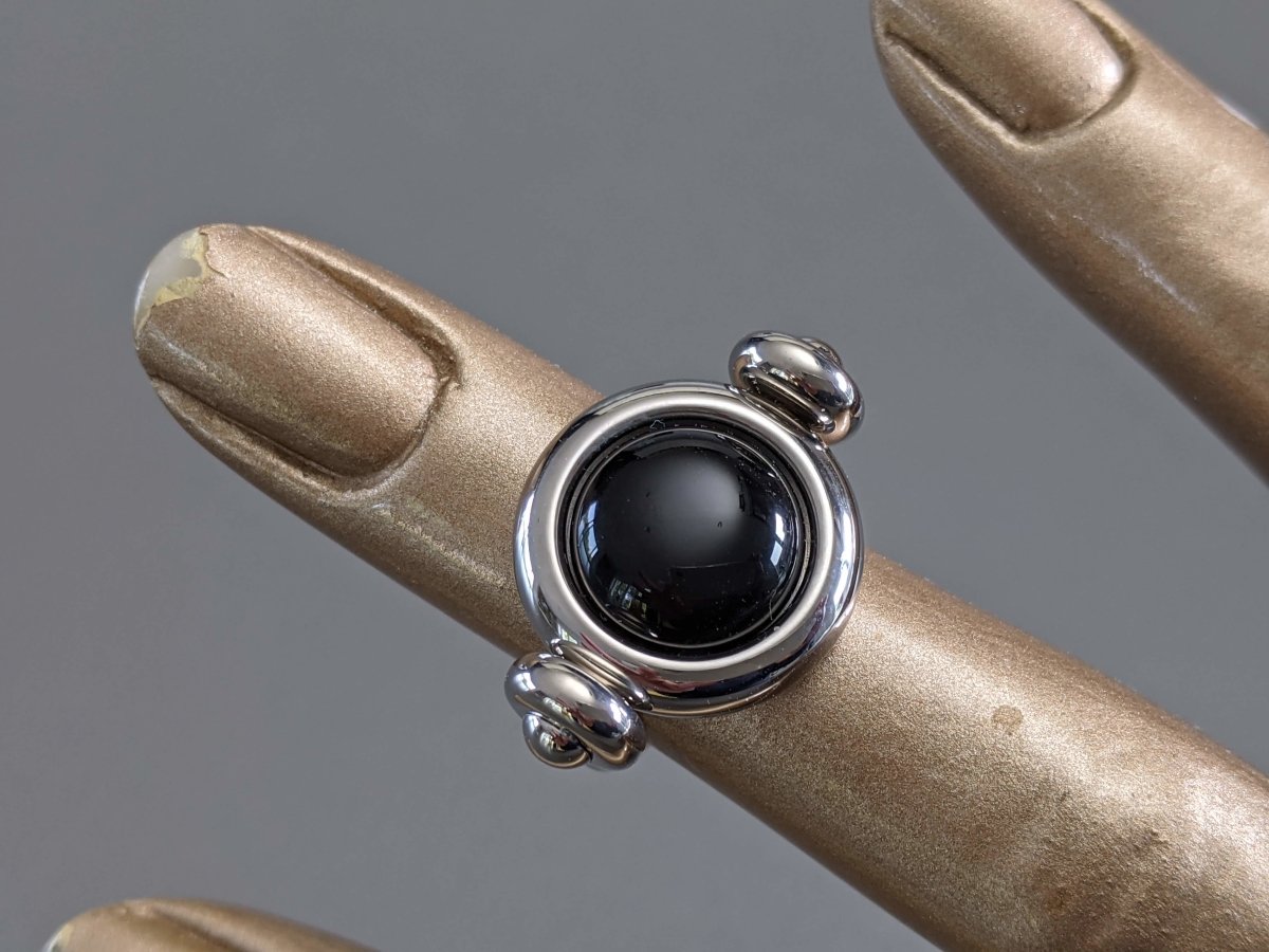 Hermes Shiny Palladium Movable Ring with a Black Poured Glass Stone, New! - poupishop