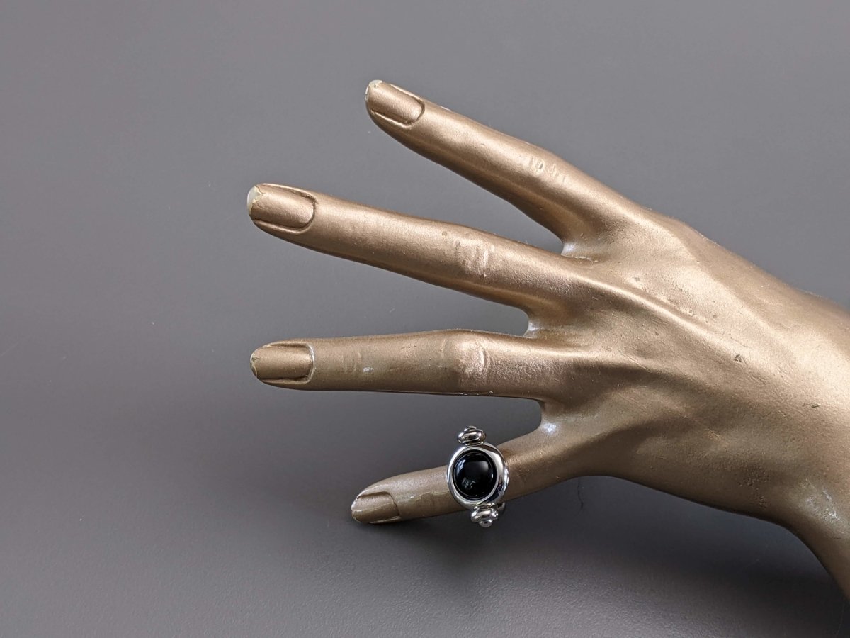 Hermes Shiny Palladium Movable Ring with a Black Poured Glass Stone, New! - poupishop