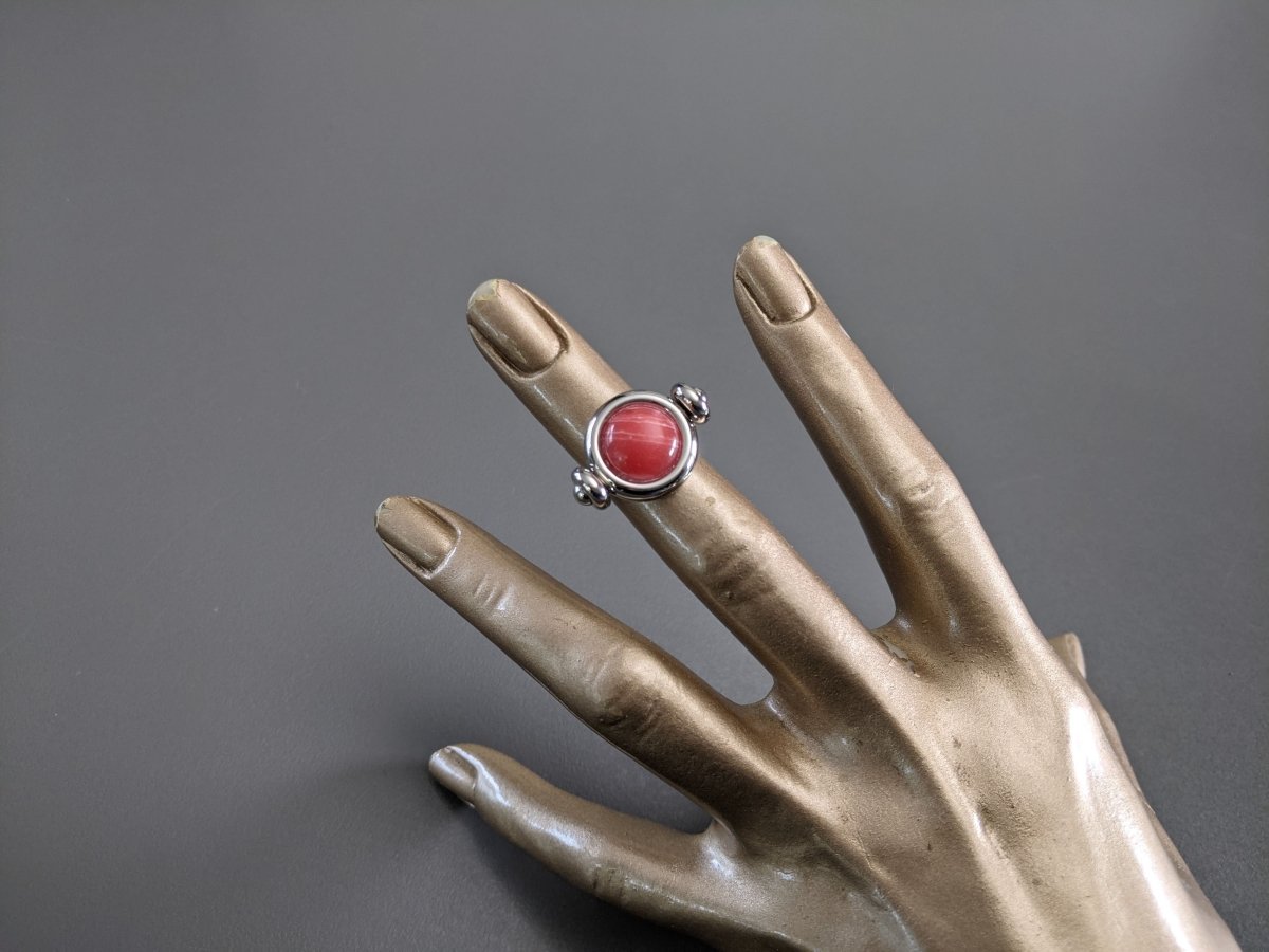Hermes Shiny Palladium Movable Ring with a Marbled Red Poured Glass Stone Sz 54, New! - poupishop