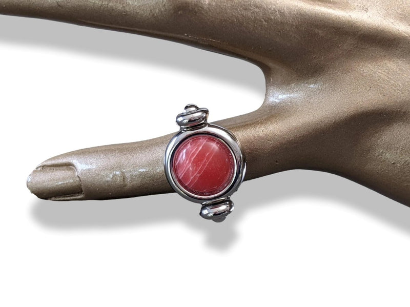 Hermes Shiny Palladium Movable Ring with a Marbled Red Poured Glass Stone Sz 54, New! - poupishop