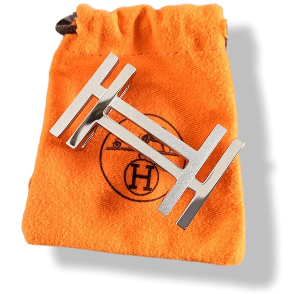 Hermes Shiny/Matt Silver H AU CARRE 32 mm Belt Buckle, Orange Pochette! - poupishop