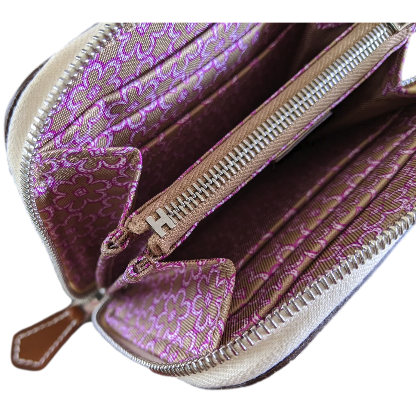 Hermes [L33] Nata/Rose Pourpre Portefeuille "Silk'In Compact" Zipped Wallet