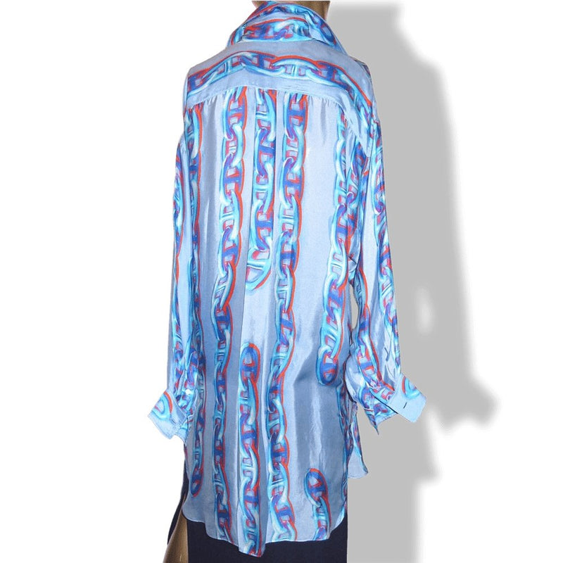 Hermes Sky Blue MAILLE D'ANCRE 100% Silk Long Tunic Shirt Dress, Sz42, Rare! - poupishop