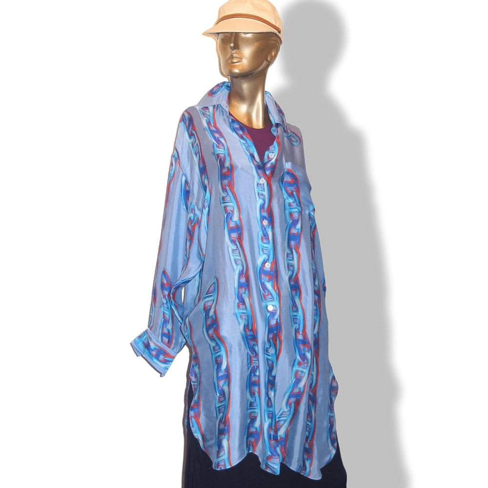 Hermes Sky Blue MAILLE D'ANCRE 100% Silk Long Tunic Shirt Dress, Sz42, Rare! - poupishop
