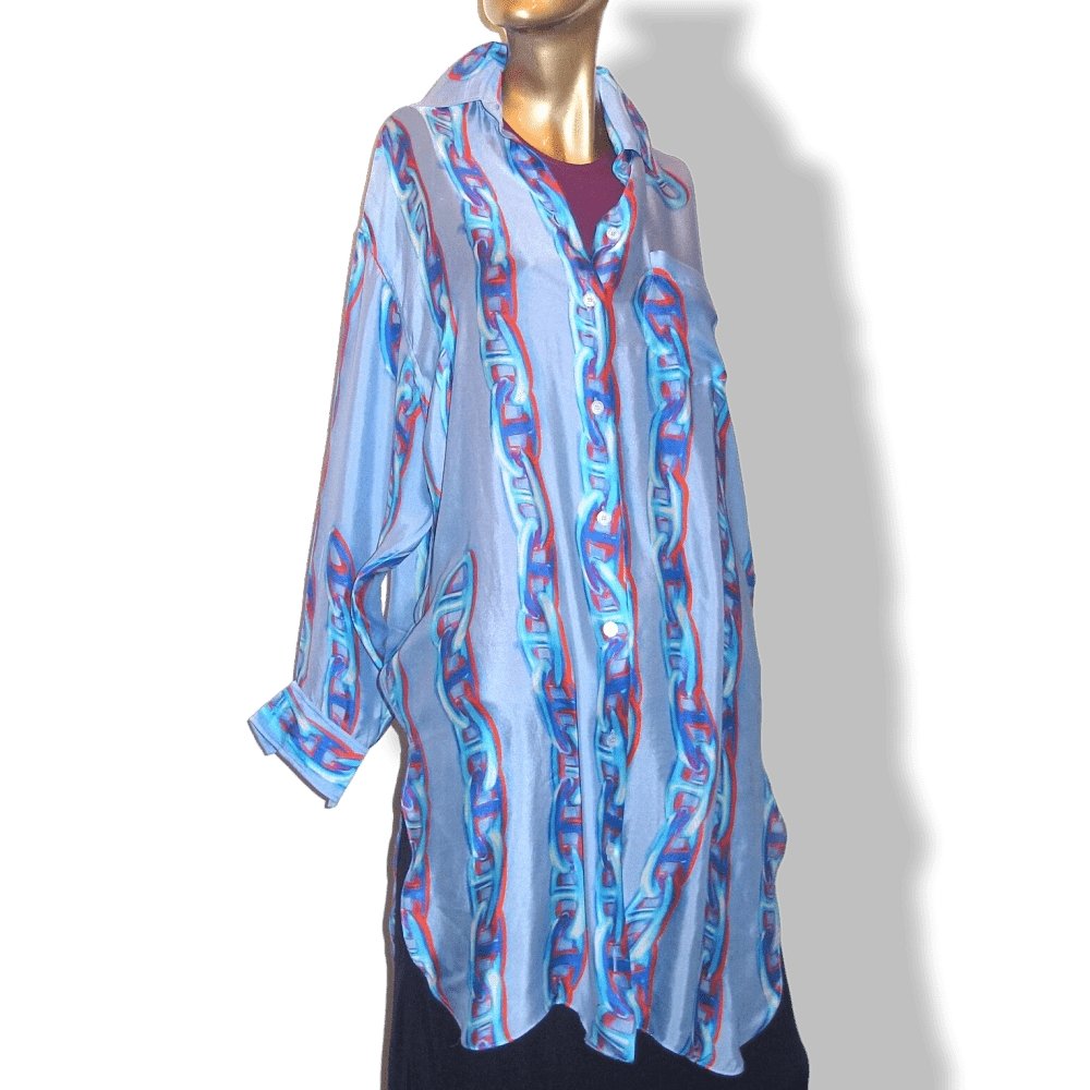 Hermes Sky Blue MAILLE D'ANCRE 100% Silk Long Tunic Shirt Dress, Sz42, Rare! - poupishop