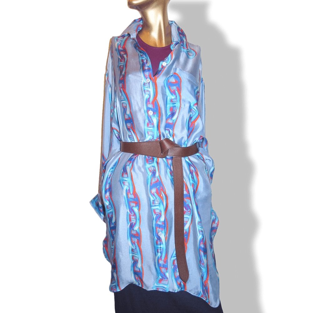 Hermes Sky Blue MAILLE D'ANCRE 100% Silk Long Tunic Shirt Dress, Sz42, Rare! - poupishop