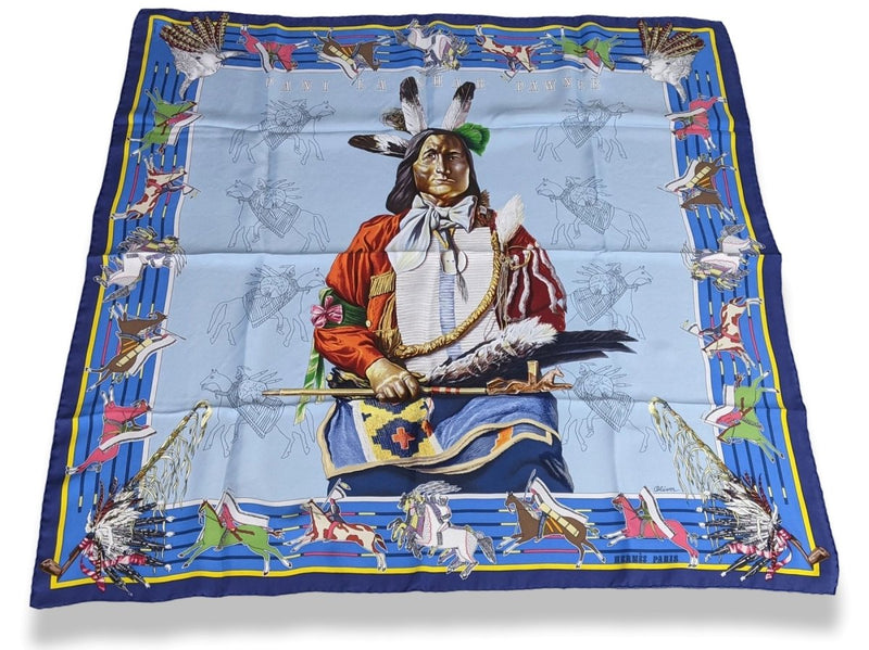 Hermes Sky Blue Navy PANI LA SHAR PAWNEE by Kermit Oliver Wash Silk Carre 90cm cm, NWT! - poupishop