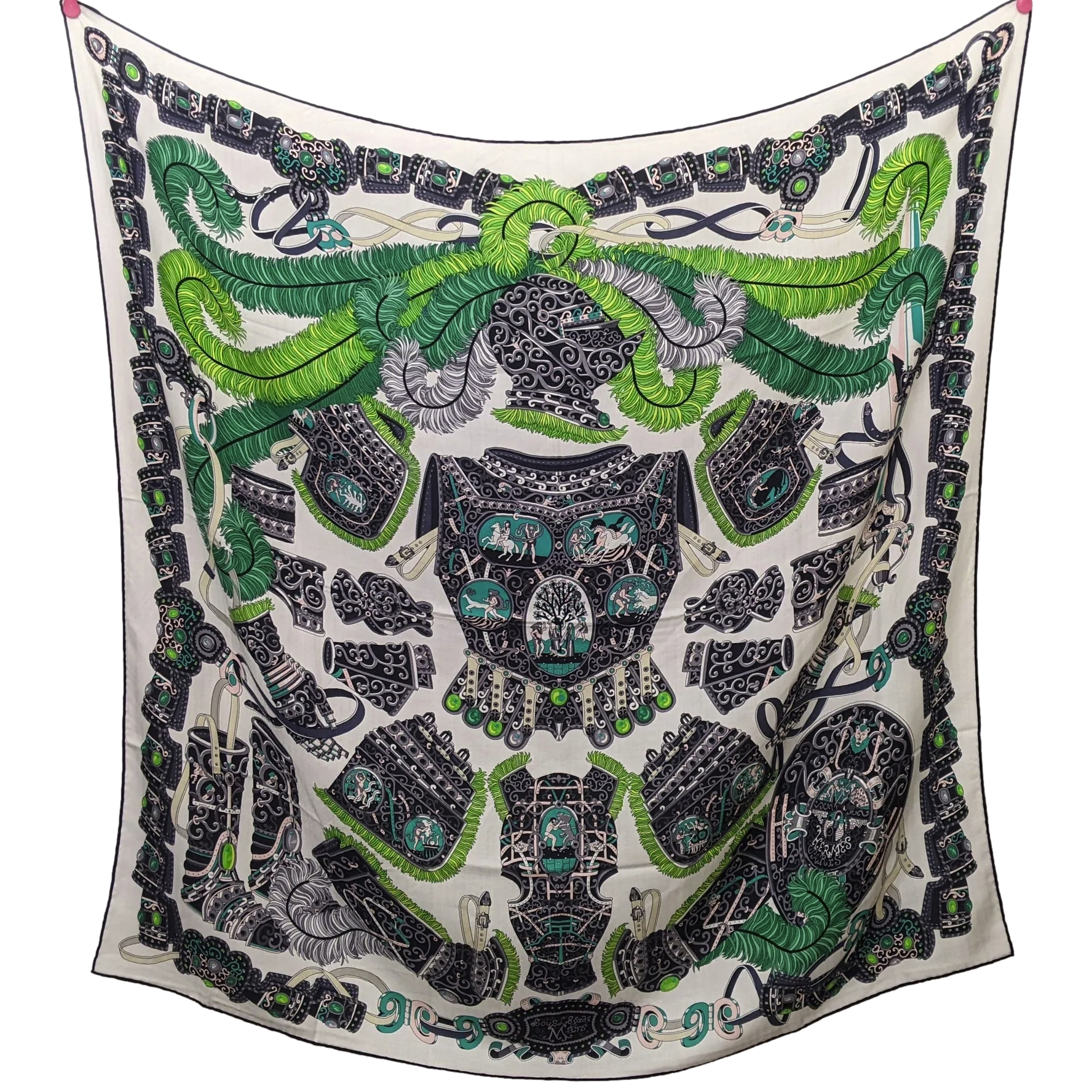 Hermes 2014 Blanc/Vert "Sous l'Egide de Mars" by Pierre Marie Cashmere Shawl 140