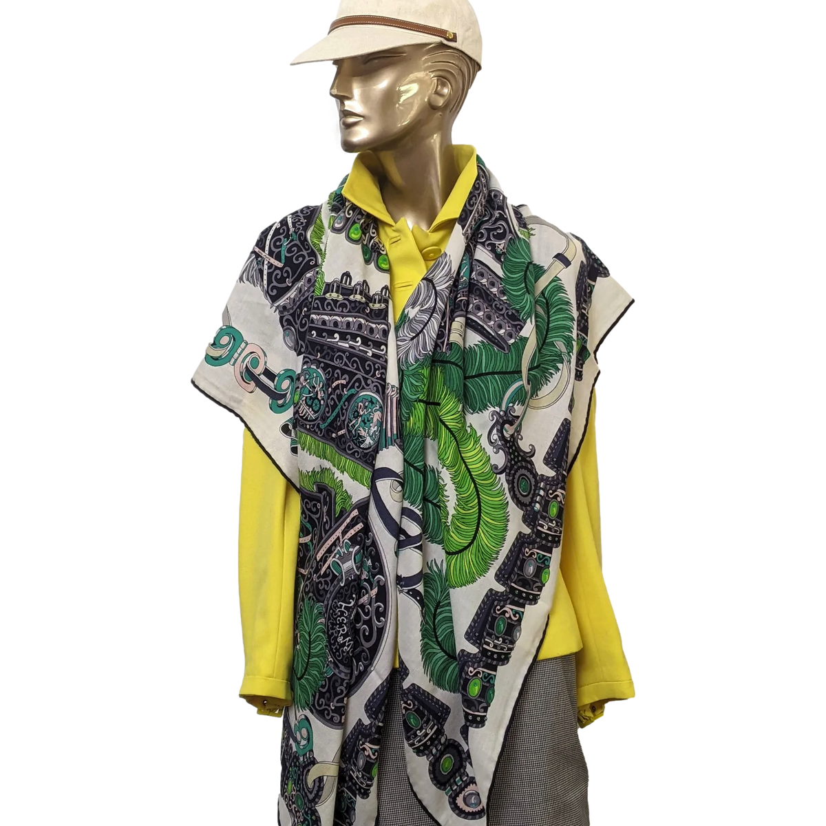 Hermes 2014 Blanc/Vert "Sous l'Egide de Mars" by Pierre Marie Cashmere Shawl 140