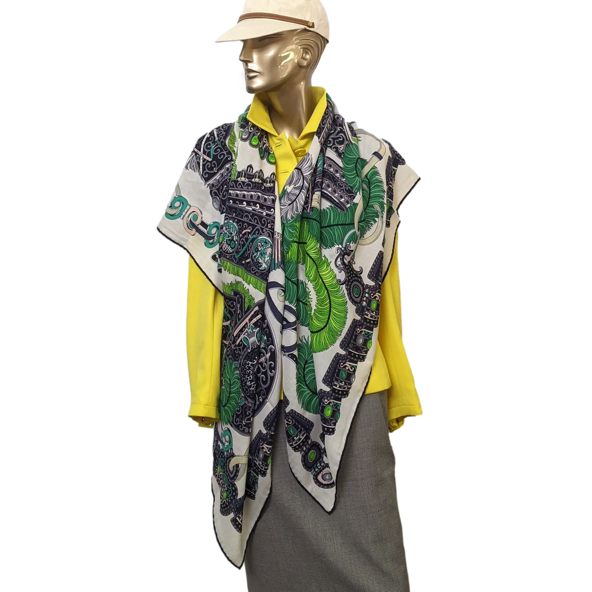 Hermes 2014 Blanc/Vert "Sous l'Egide de Mars" by Pierre Marie Cashmere Shawl 140