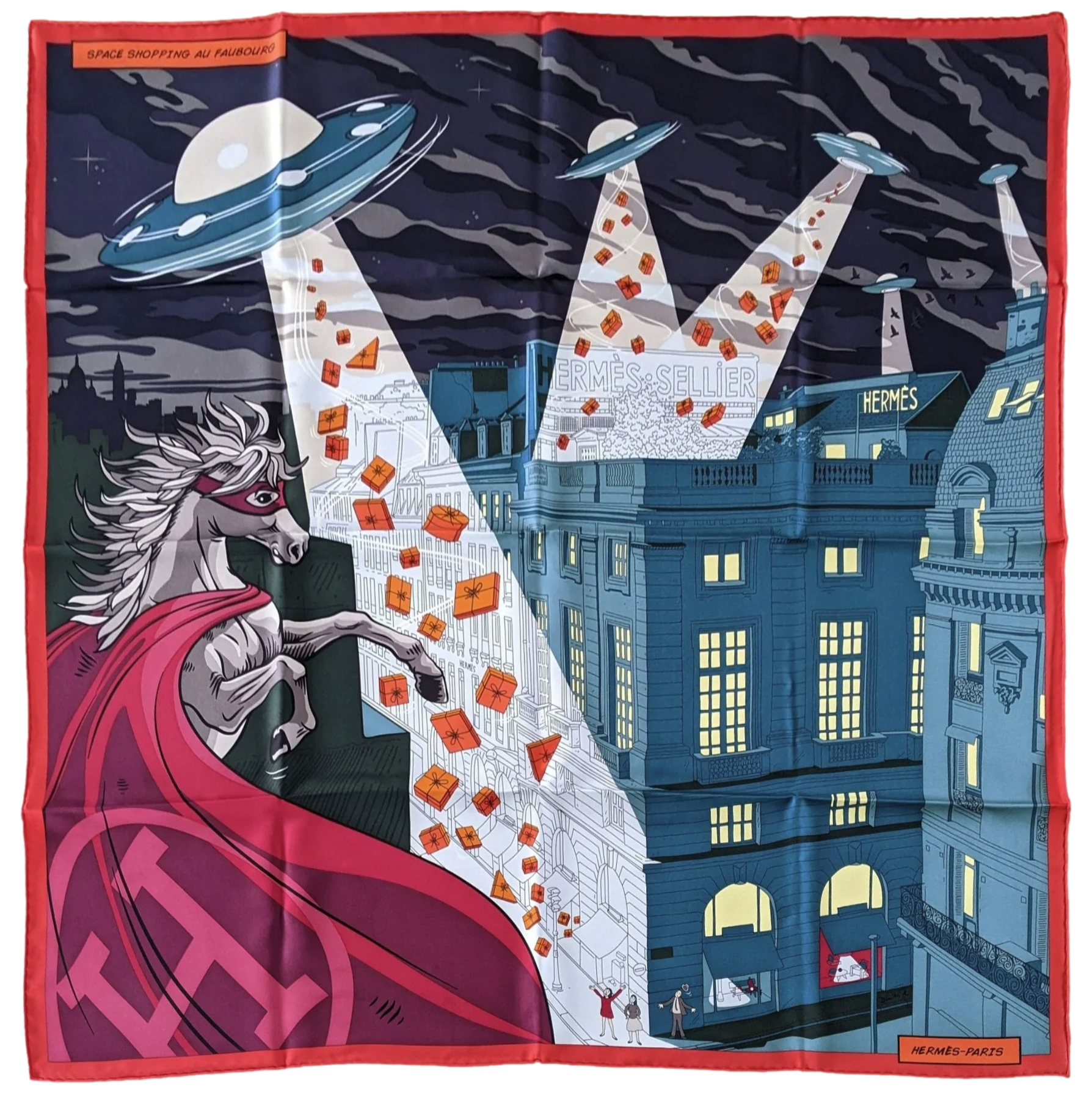 Hermes 2017 Rouge/Vert "Space Shopping au Faubourg" by Dimitri R. Twill 90cm