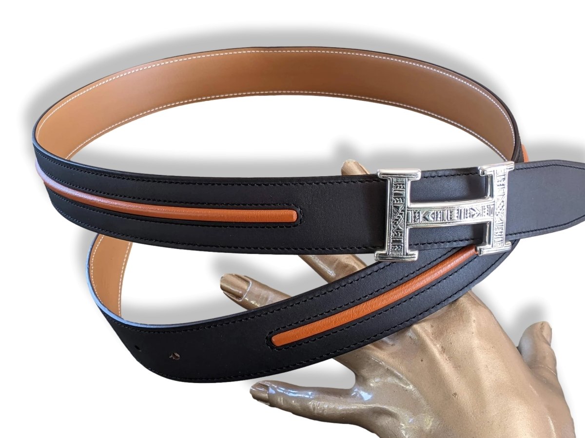 Hermes Special Black Matt with Orange Liseret/Gold Calfskin Reversible Leather Strap for Belt 32mm Sz95, RARE in Box! - poupishop
