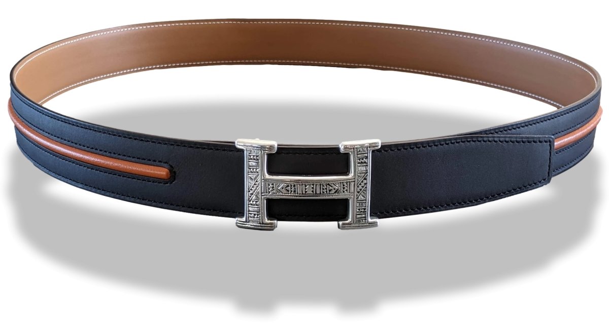 Hermes Special Black Matt with Orange Liseret/Gold Calfskin Reversible Leather Strap for Belt 32mm Sz95, RARE in Box! - poupishop