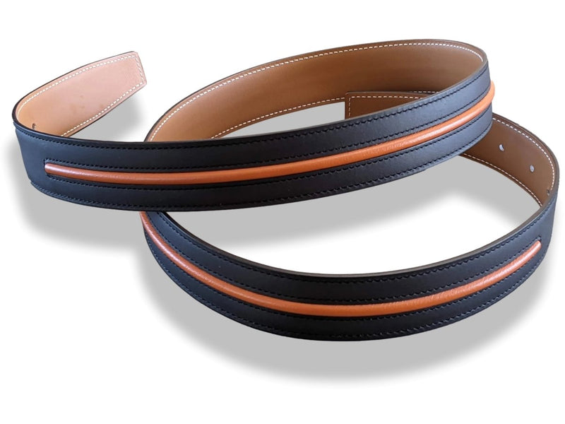 Hermes Special Black Matt with Orange Liseret/Gold Calfskin Reversible Leather Strap for Belt 32mm Sz95, RARE in Box! - poupishop