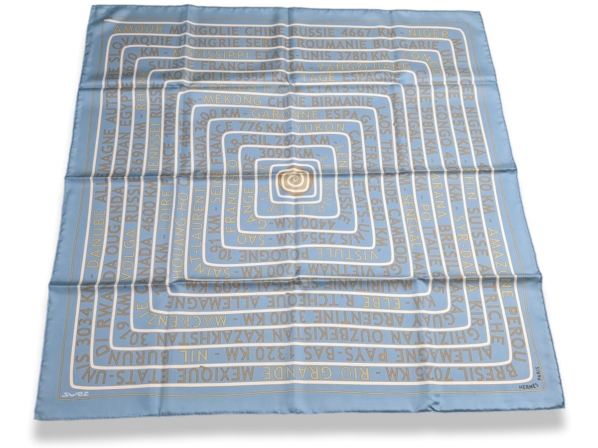 Hermes Special Issue Bleu/Or Sources de la Vie Suez by Fred Rawyler Twill Silk 90cm RARE, NIB! - poupishop