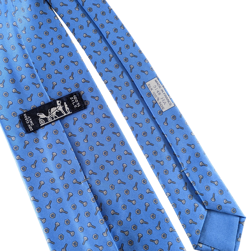 Hermes Bleu Pilote/Gris Special Ltd. Issue for Berrang Industrial "Screews" Twill Silk Tie 9 cm