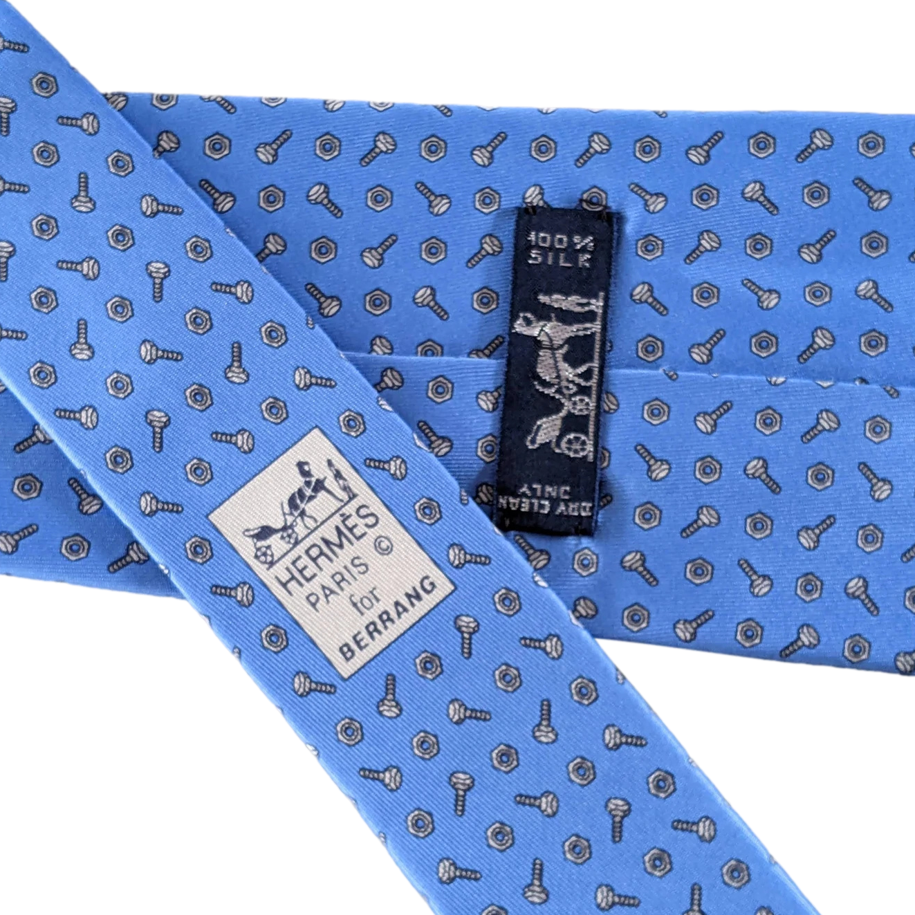 Hermes Bleu Pilote/Gris Special Ltd. Issue for Berrang Industrial "Screews" Twill Silk Tie 9 cm