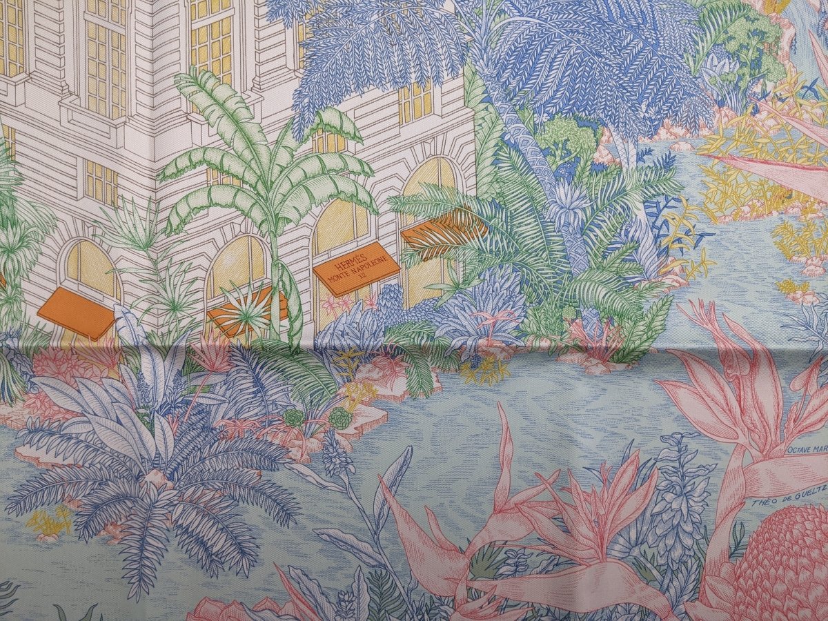 Hermes Special Issue Reopening Store Milan FAUBOURG TROPICAL by Octave Marsal/Theo de Gueltzl Twill scarf RARE, BNIB! - poupishop