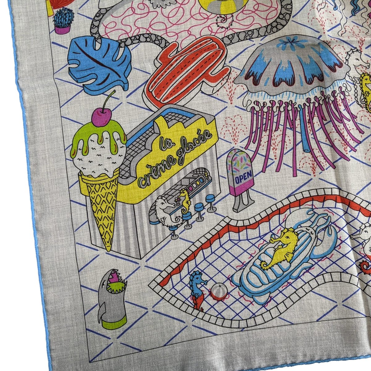 Hermes [C213] Chine/Bleu Turquoise "Splash Park" by Jacqueline Colley Cashmere 140 cm