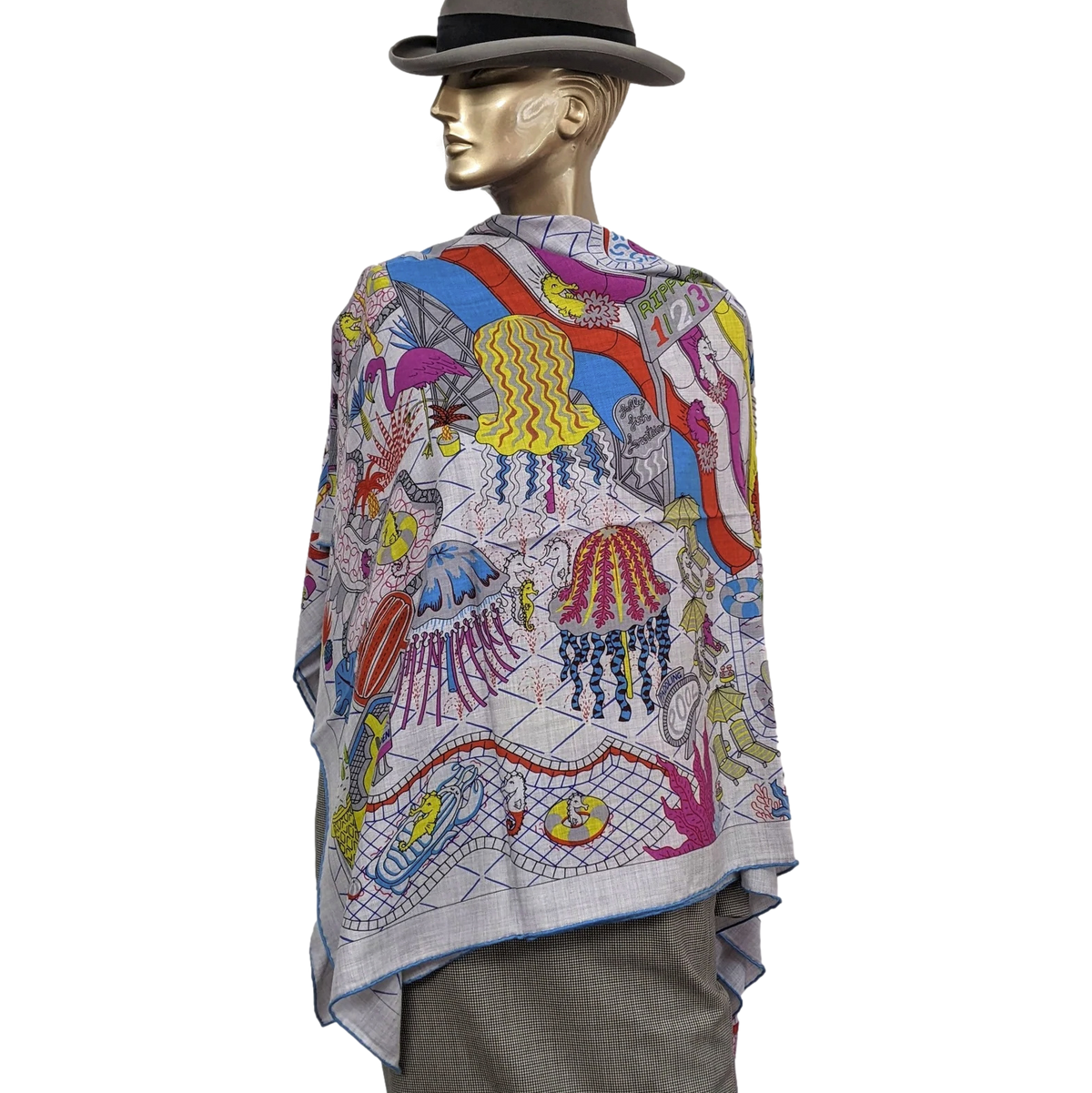 Hermes [C213] Chine/Bleu Turquoise "Splash Park" by Jacqueline Colley Cashmere 140 cm
