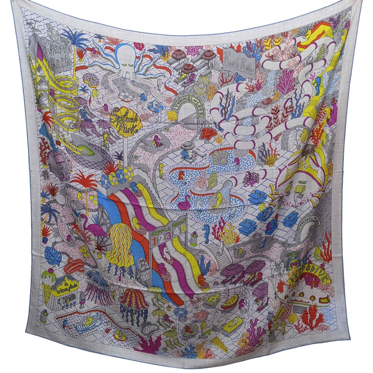 Hermes [C213] Chine/Bleu Turquoise "Splash Park" by Jacqueline Colley Cashmere 140 cm