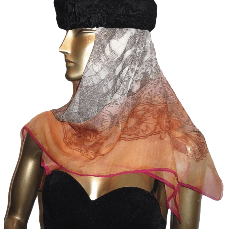 Hermes 2000s Orange/Rose "Splendeur des Maharajas" Old Parchment Paper Effect Chiffon Mousseline 90 cm