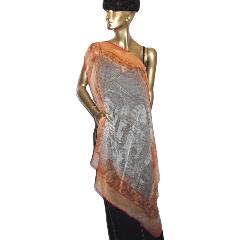 Hermes 2000s Orange/Rose "Splendeur des Maharajas" Old Parchment Paper Effect Chiffon Mousseline 90 cm