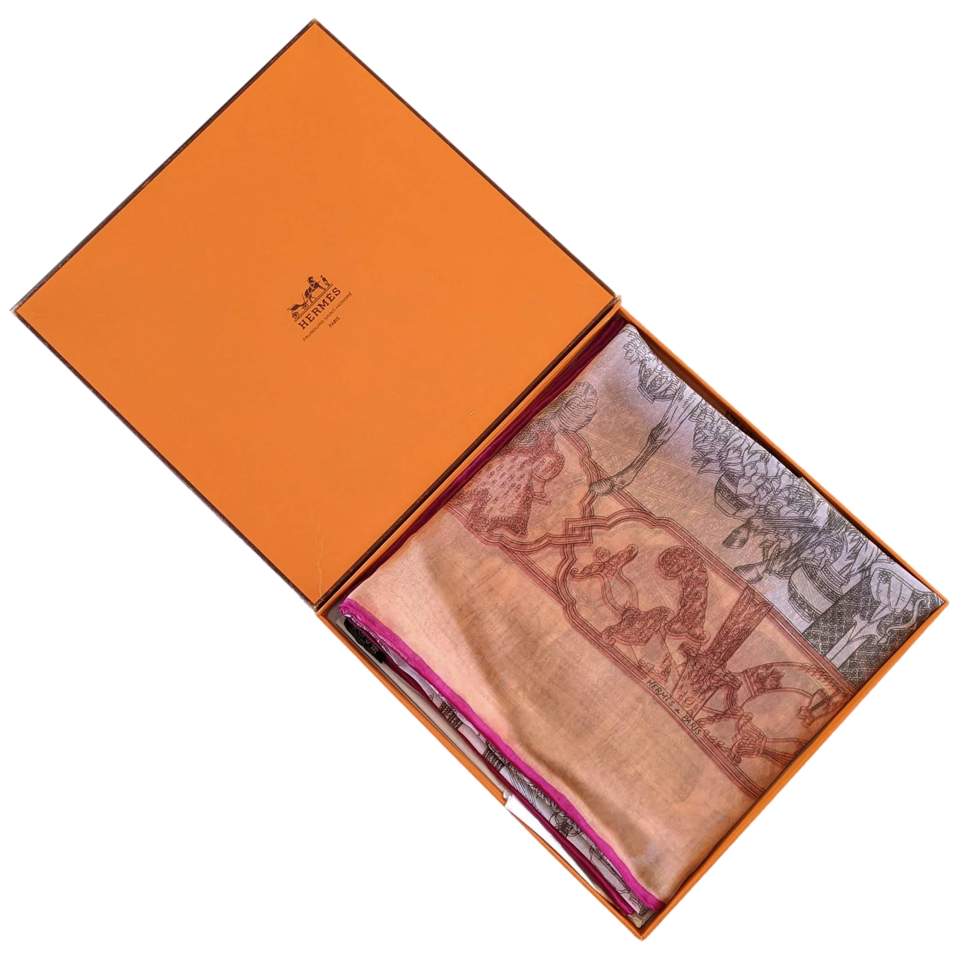 Hermes 2000s Orange/Rose "Splendeur des Maharajas" Old Parchment Paper Effect Chiffon Mousseline 90 cm