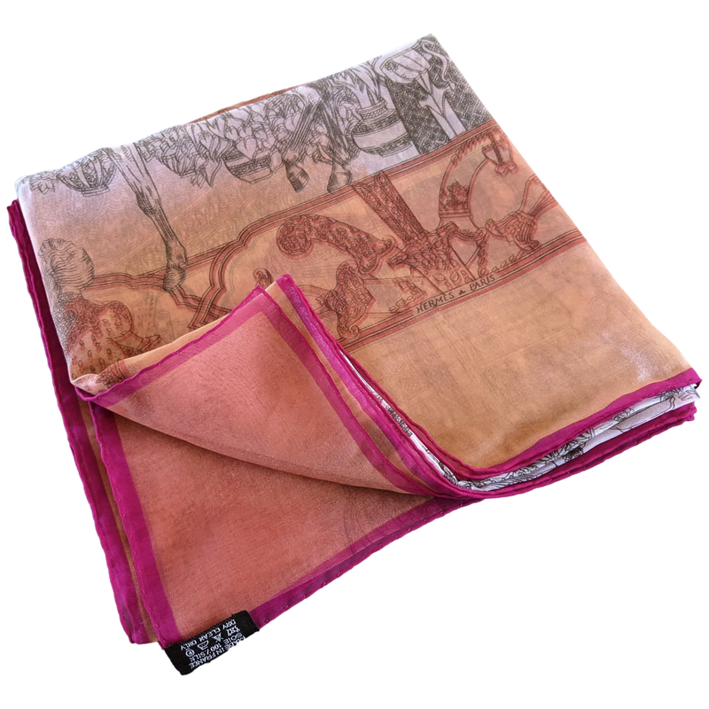 Hermes 2000s Orange/Rose "Splendeur des Maharajas" Old Parchment Paper Effect Chiffon Mousseline 90 cm