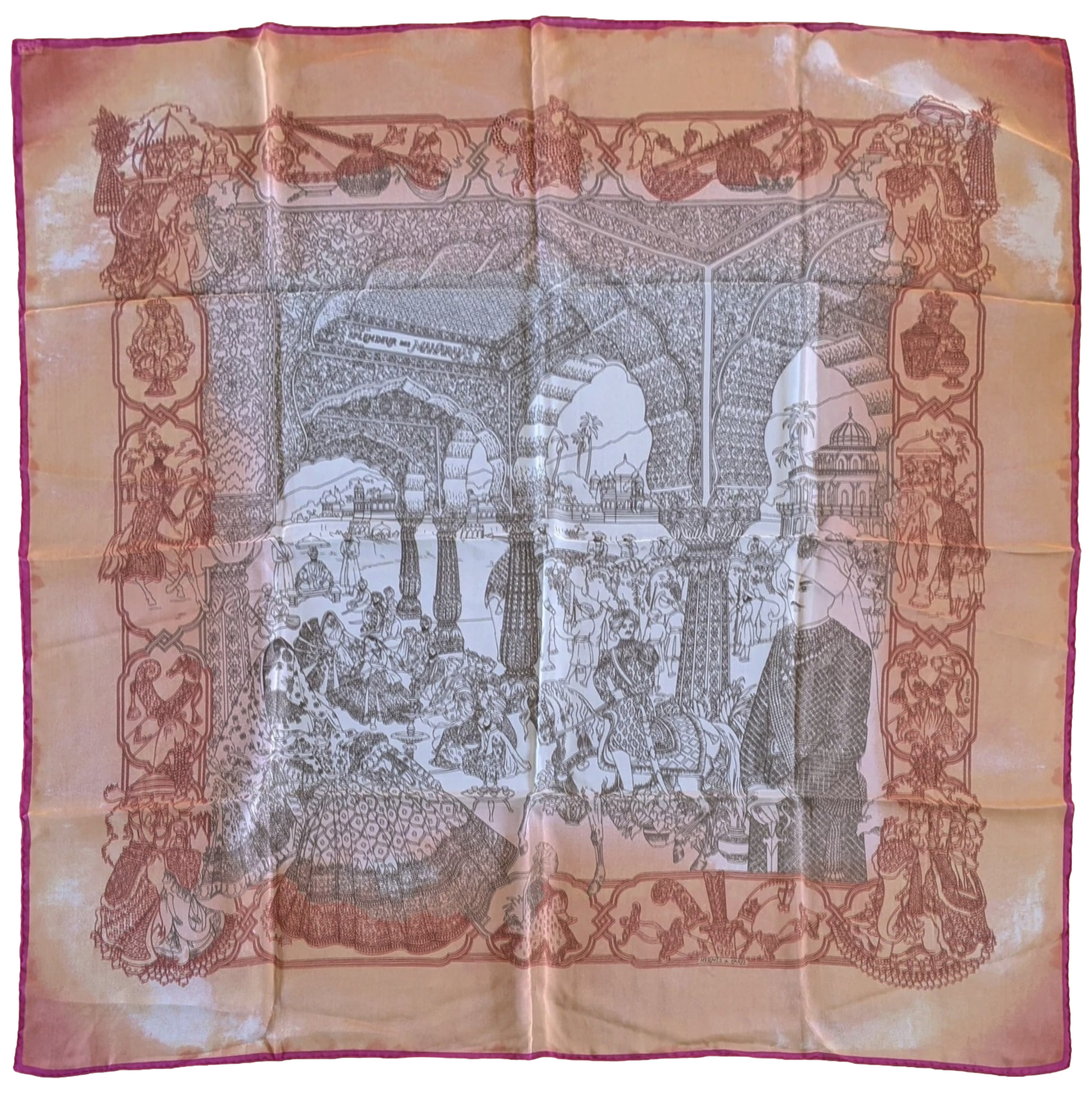 Hermes 2000s Orange/Rose "Splendeur des Maharajas" Old Parchment Paper Effect Chiffon Mousseline 90 cm