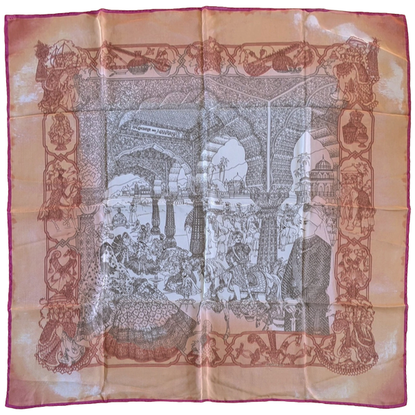 Hermes 2000s Orange/Rose "Splendeur des Maharajas" Old Parchment Paper Effect Chiffon Mousseline 90 cm