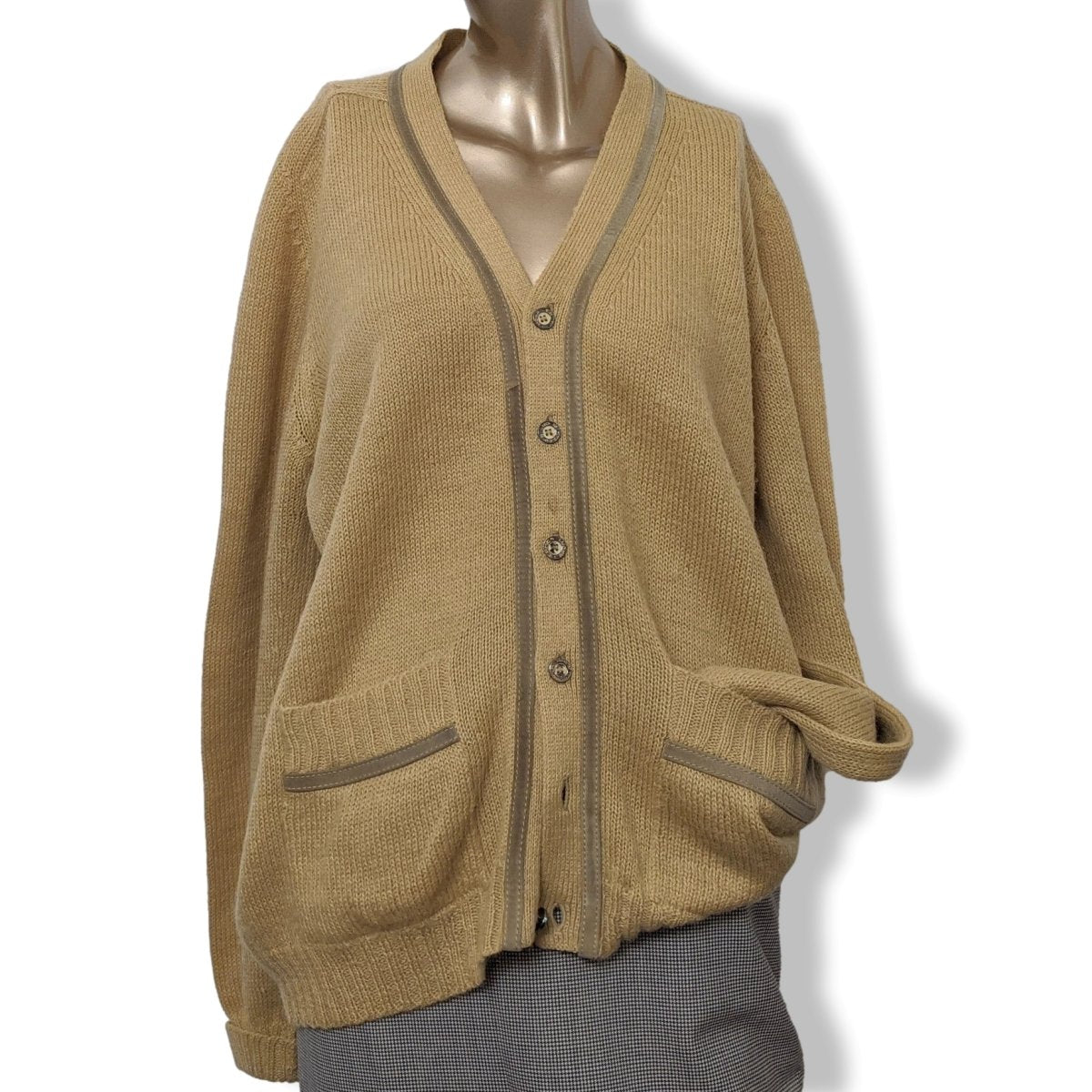 Hermes Sport Men's Beige Mohair/Alpaga/Acrylic/Suede V-Neck Cardigan Sz 54, Pur luxe! - poupishop