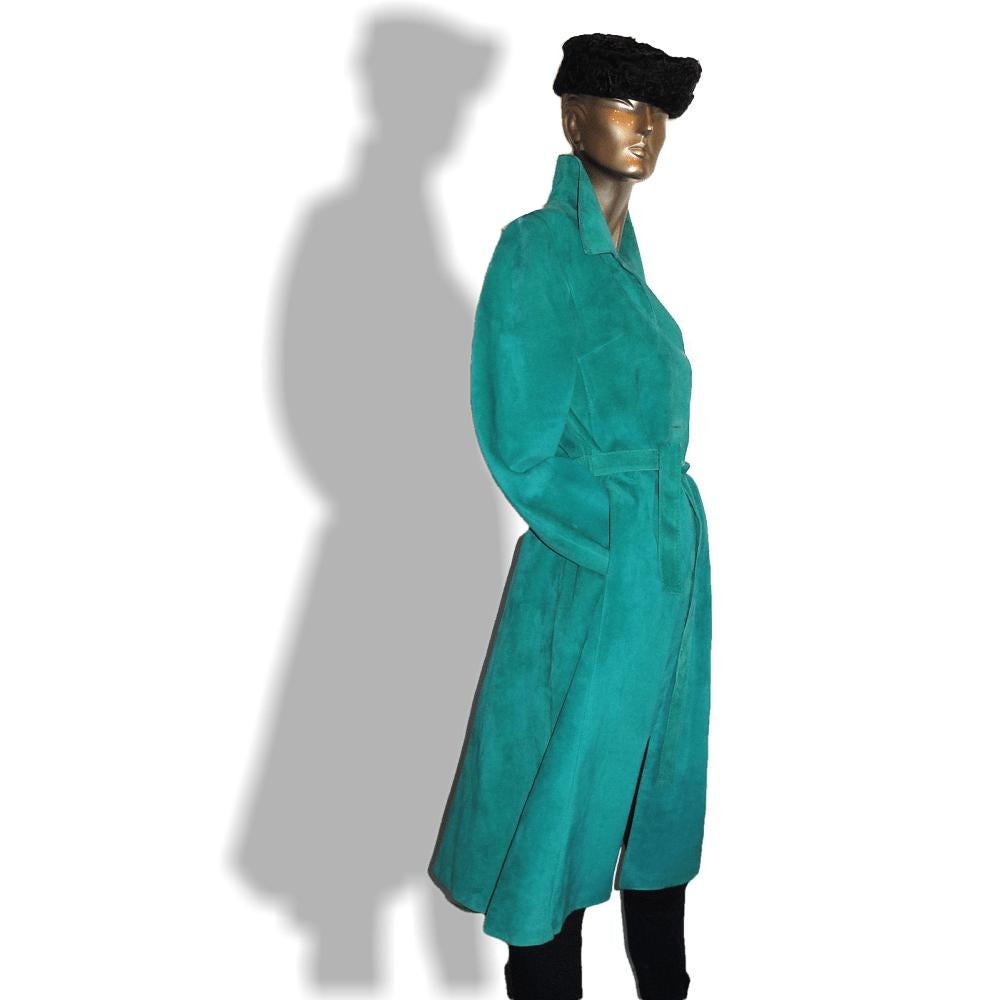 Hermes Sport Vintage 1970s Mint Green Suede Leather Long Coat, Sublime Color! - poupishop