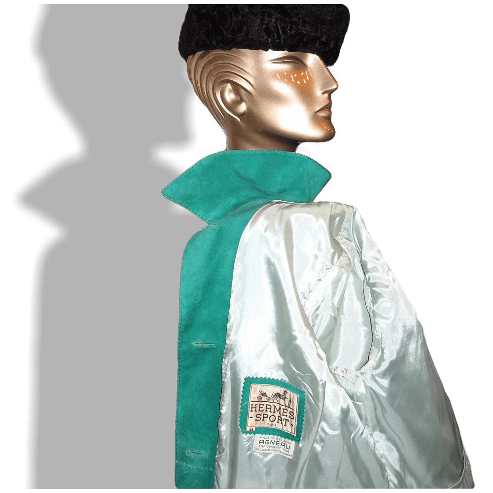 Hermes Sport Vintage 1970s Mint Green Suede Leather Long Coat, Sublime Color! - poupishop