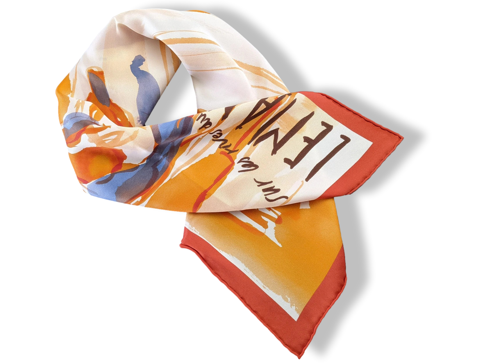 Hermes 2010 Orange/Bleu Jeans/Ivoire "Sur les Rives du Lac Leman" by Jean-Louis Clerc Vintage Silk 70cm Carre