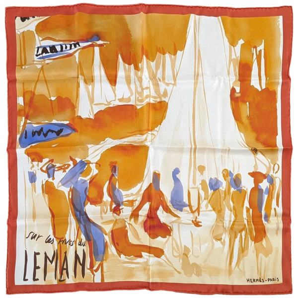 Hermes 2010 Orange/Bleu Jeans/Ivoire "Sur les Rives du Lac Leman" by Jean-Louis Clerc Vintage Silk 70cm Carre