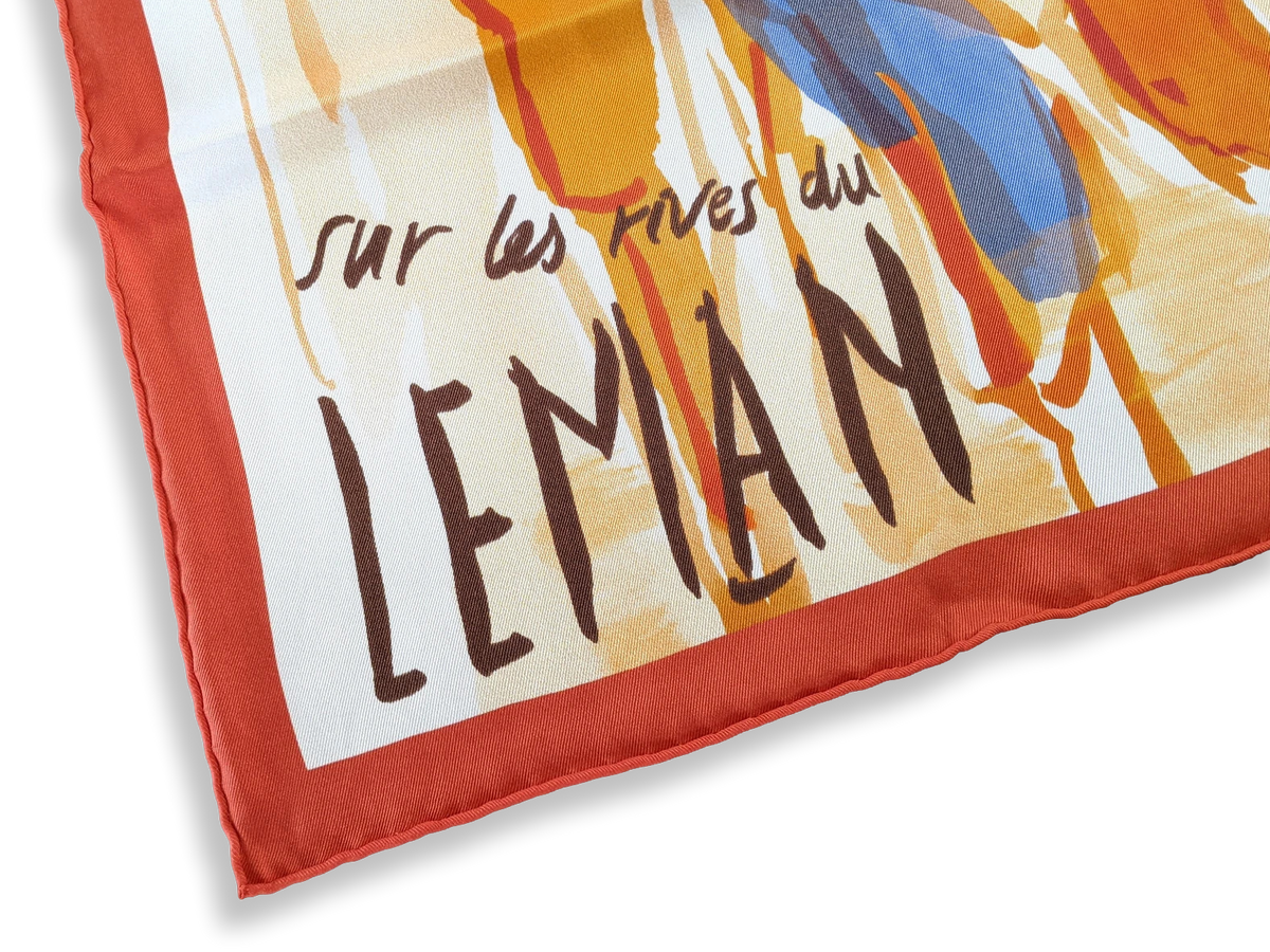 Hermes 2010 Orange/Bleu Jeans/Ivoire "Sur les Rives du Lac Leman" by Jean-Louis Clerc Vintage Silk 70cm Carre
